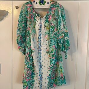 Lilly Pulitzer Off the Shoulder Dress in Medium Pineapple and blue flower print